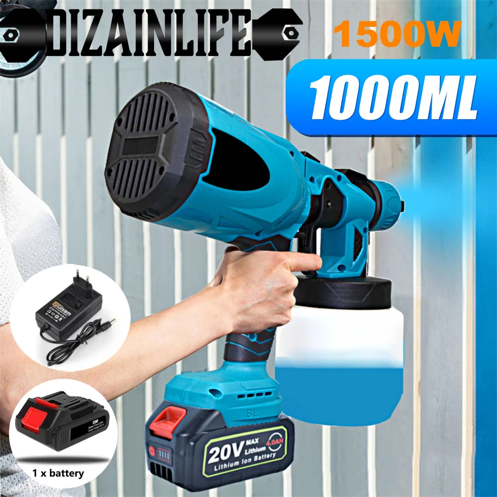 1000ML Electric Spray Gun High Power Cordless Paint Sprayer HVLP Auto Furniture 