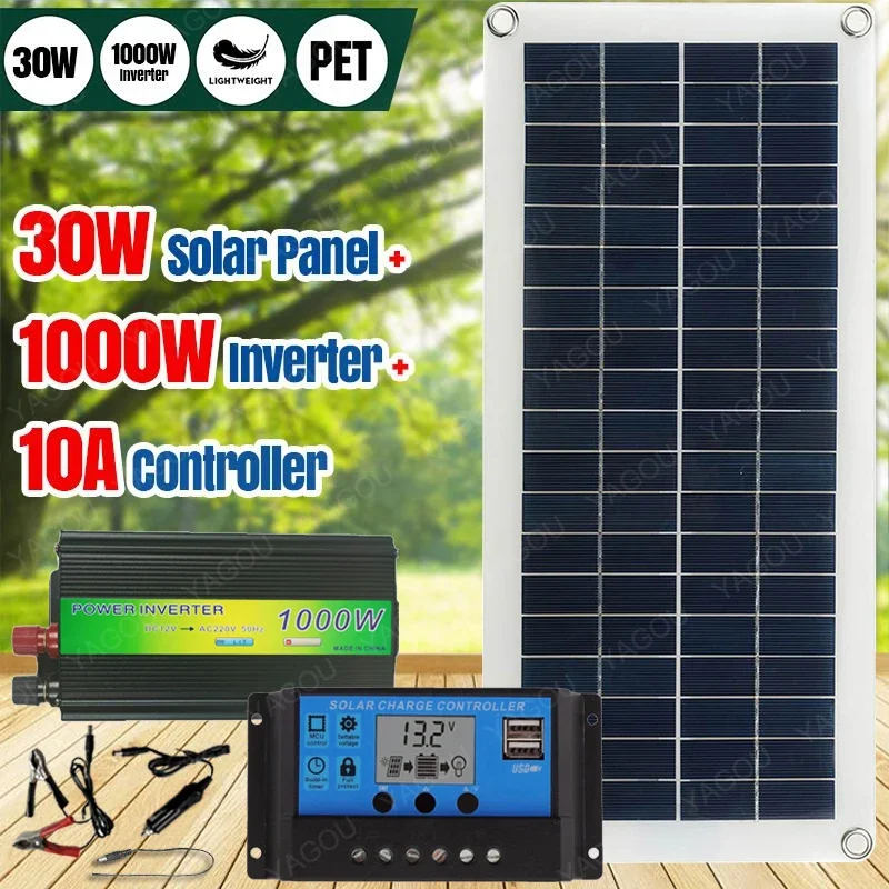 1000W Inverter Solar System 30W Panel Kit Complete with Controller 12V Power Bat