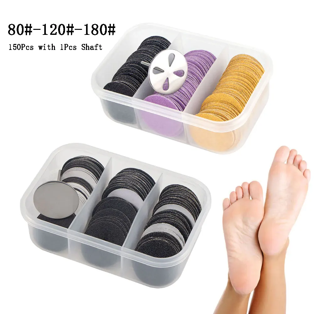 150Pcs SandPaper with 1Pcs Metal Disk Shaft For Pedicure Tool Foot Dead Skin Rem