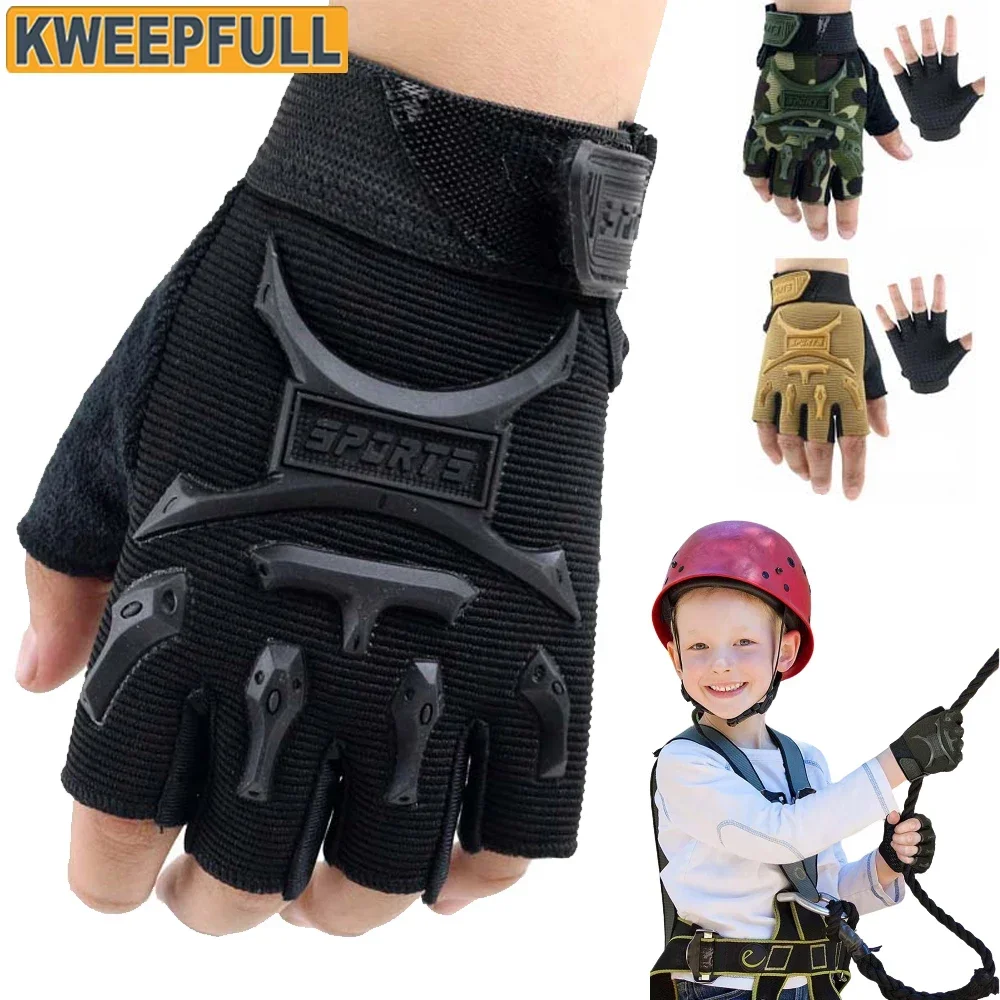 1Pair Kids Half Finger Cycling Gloves Non-Slip Fingerless Adjustable Mitten Shoc
