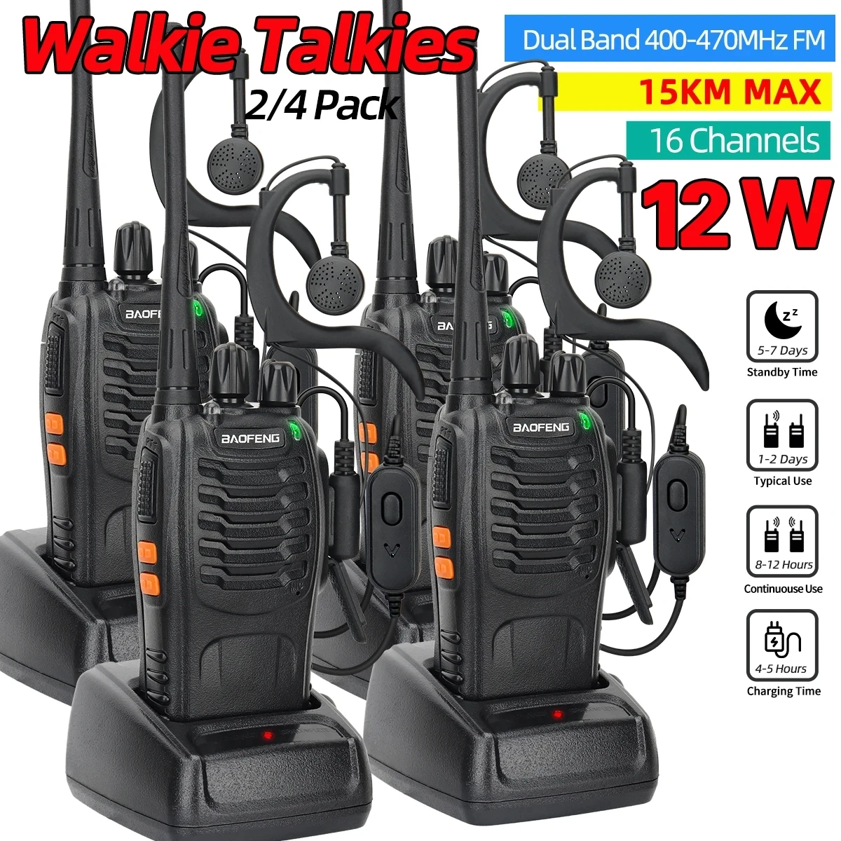 2/4PCS Baofeng BF-888S 12W Walkie Talkie Dual Band Portable Long Range Standby U