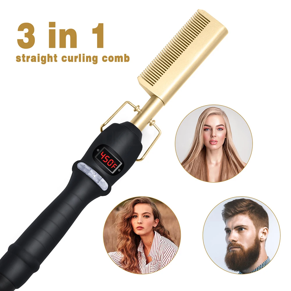 2 in 1 Hair Comb Straightener Curler Wet Dry Hot Heating Styling Comb 3 Modes El