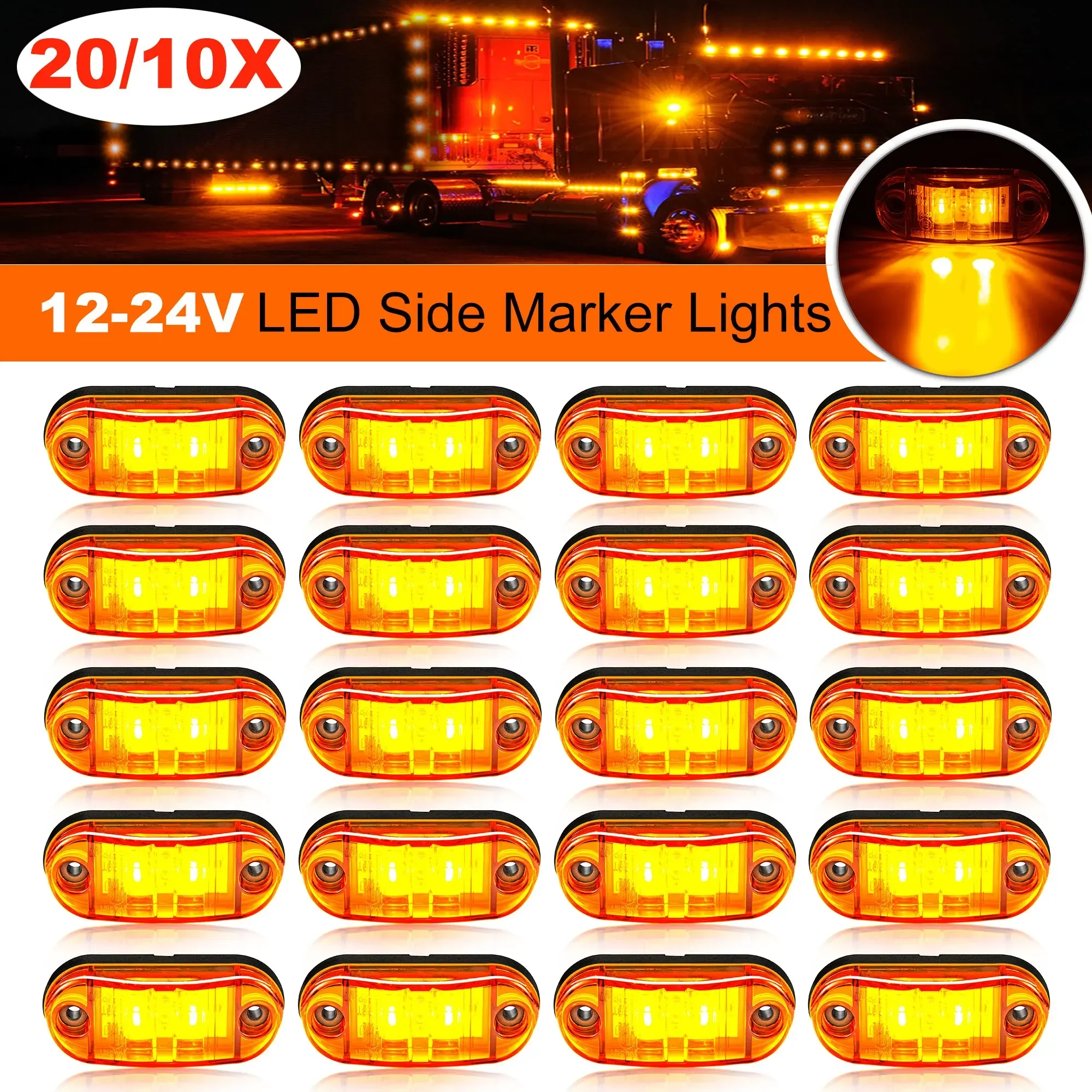 20/10PCS 2 Oval LED Universal Led light Side Marker Car Lights for Trailer Truck