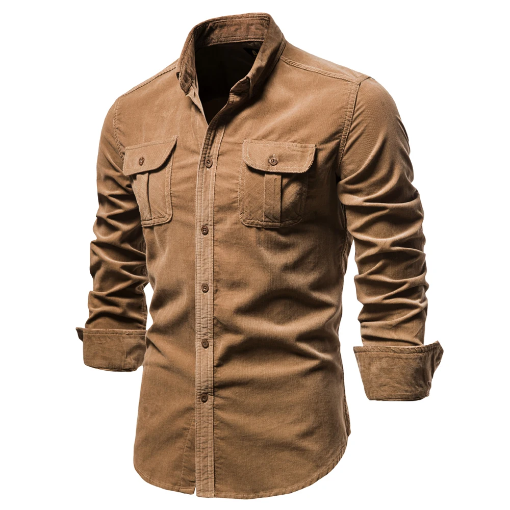 Single Breasted 100% Cotton Men's Shirt Business Casual Fashion Solid Color Cord