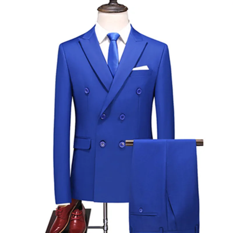 Men's Business Double Breasted Solid Color Suit Coat / Male Slim Wedding 2 Piece