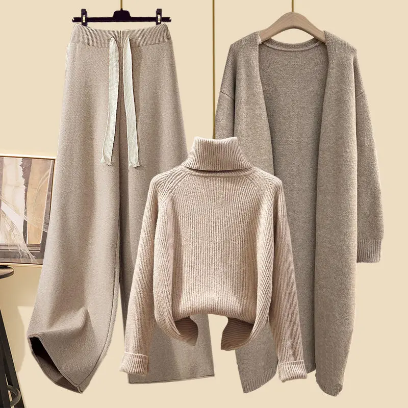 2024 Knitted Three Piece Pants Set Long Cardigan Coat+Knitted Sweater+High Waist