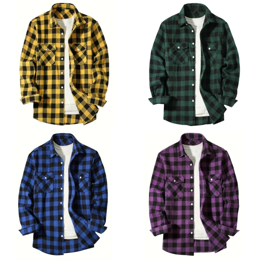 men Jacket Tops button regular casual plaid shirt long sleeve chest double pocke