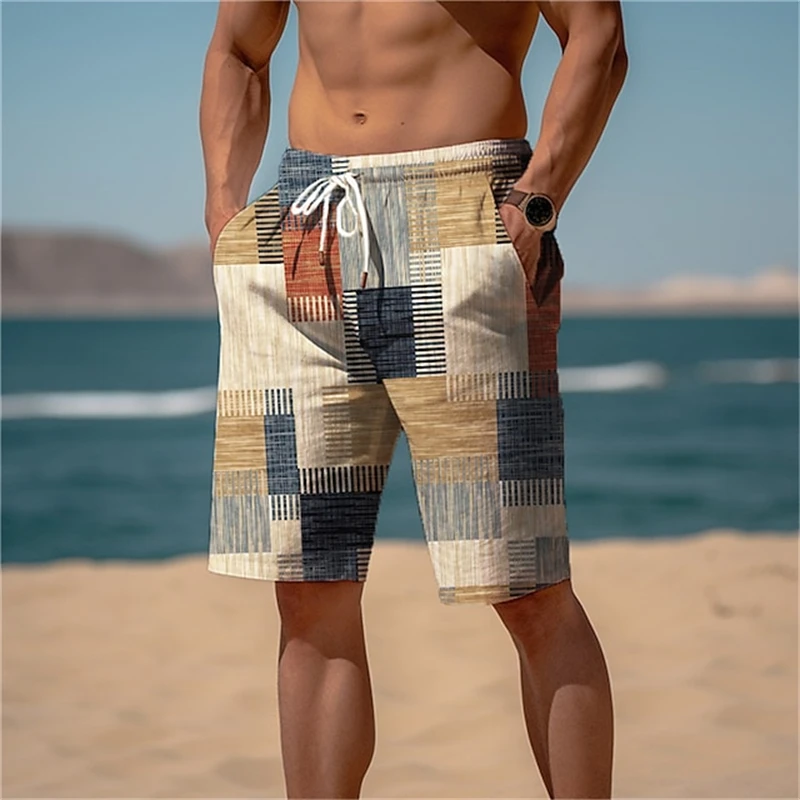 2024 Summer Hawaiian Beach Shorts Holiday Casual Colorful Plaid Print Sportswear