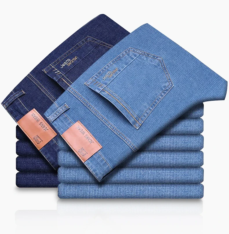 Summer Thin Men's Elastic Cotton Jeans Fashion Blue Comfortable Business Straigh
