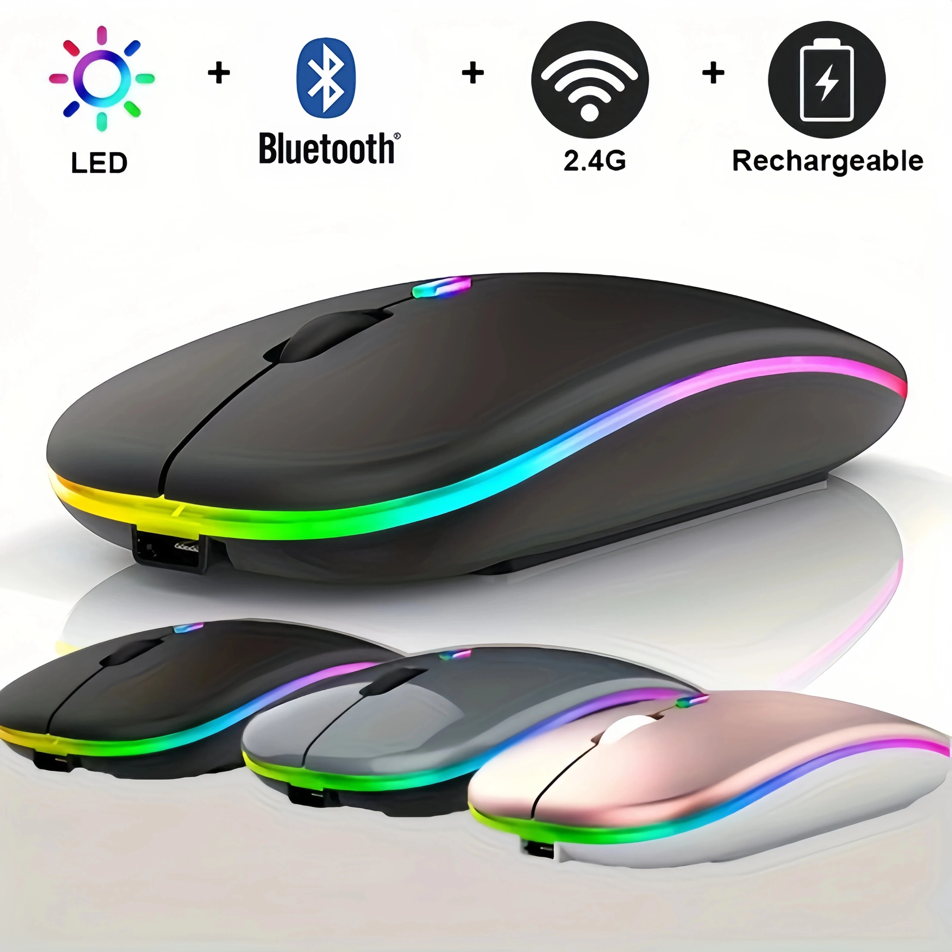 Wireless Mouse Bluetooth and 2.4GHz Dual Modes Rechargeable RGB Ergonomic Silent