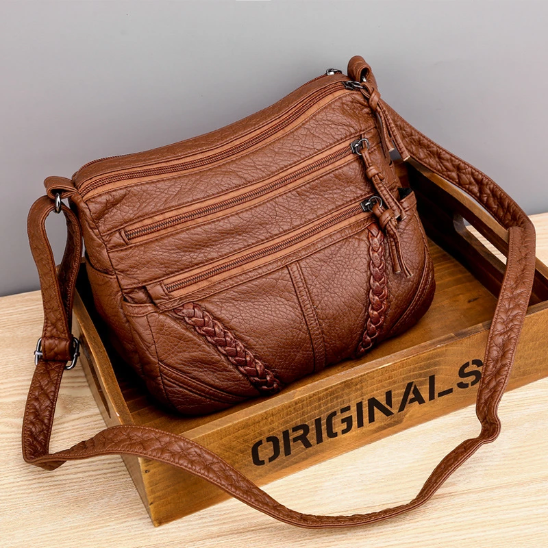 Vintage Solid Color Shoulder Bag Retro Crossbody Bag Women's Handbag Soft Leathe