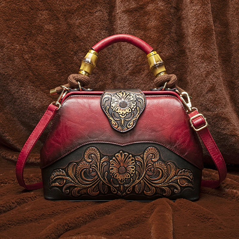 Vintage Style Handbag with Flower Pattern for Women, Fashion PU Material Shoulde