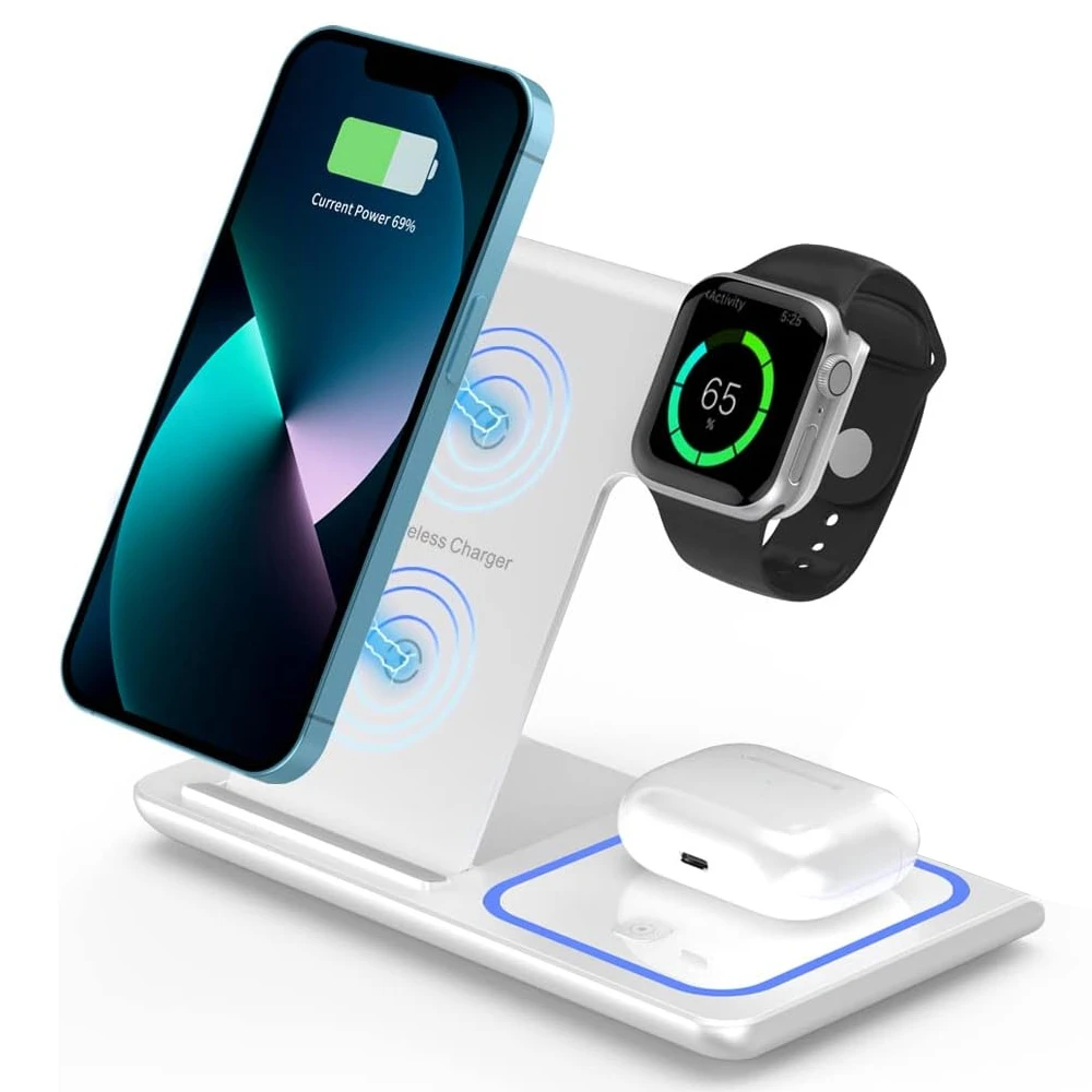 LED Fast Wireless Charger Stand 3 in 1 Foldable Charging Station For iPhone 15 1