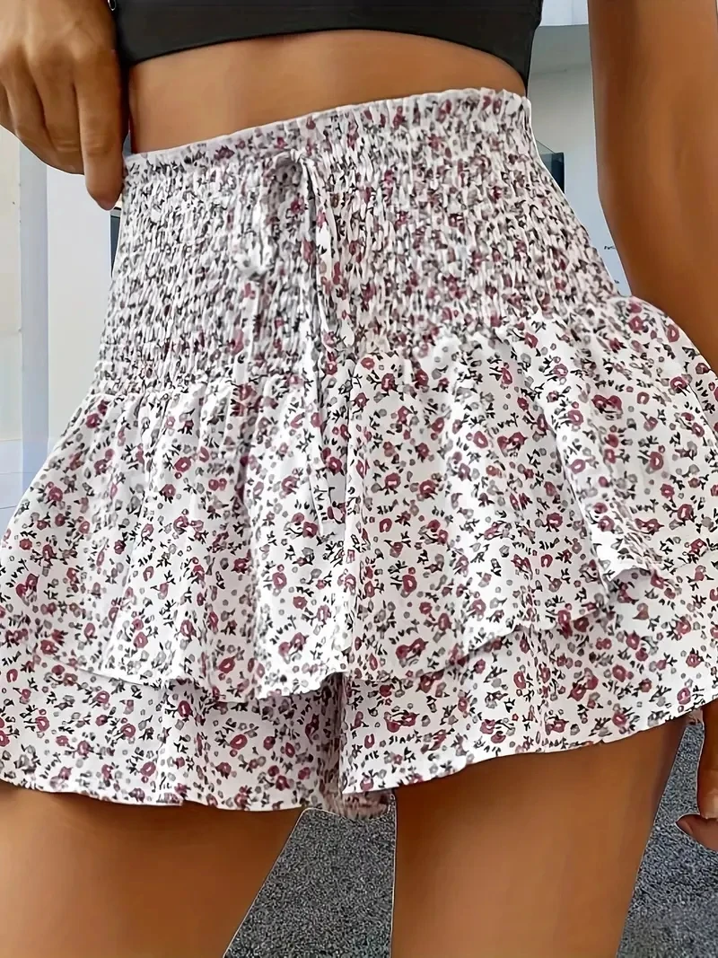 Spring and summer small floral print elastic waist elegant layered hem shorts fa