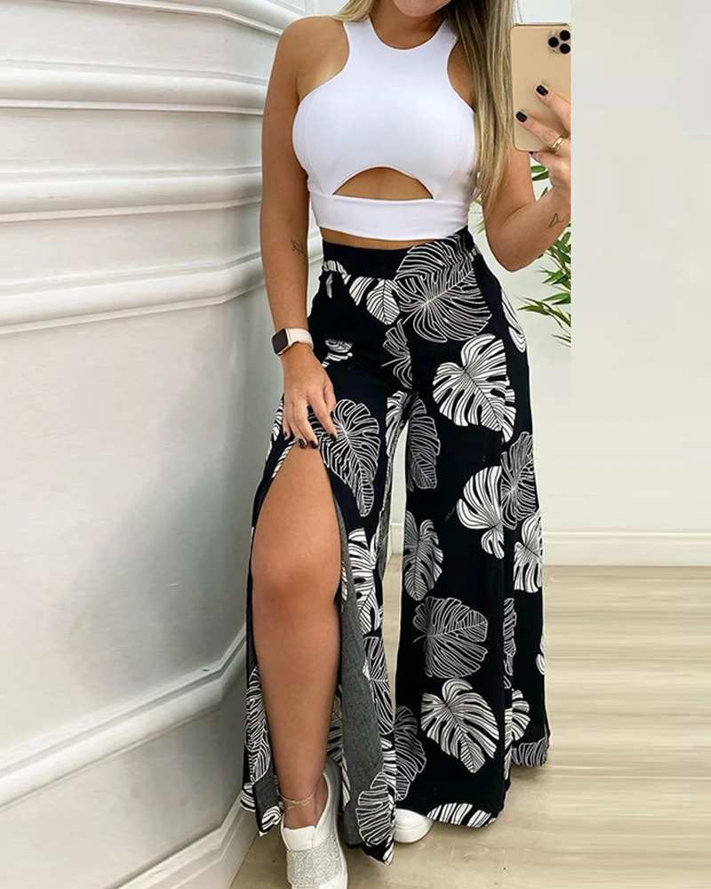 Women Two Piece Suits Summer Solid Cut-out Tank Top & Tropical Print Split Wide