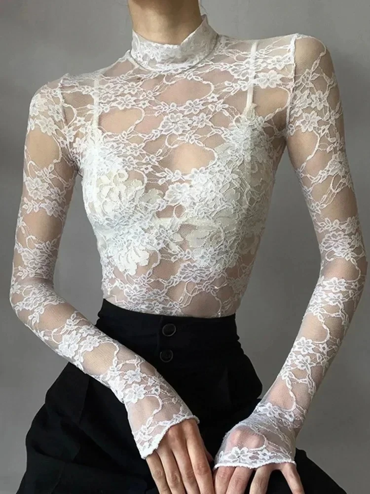 Sexy Lace Blouse Shirts Summer Women Turtleneck Long Sleeve See Through Lace Pat