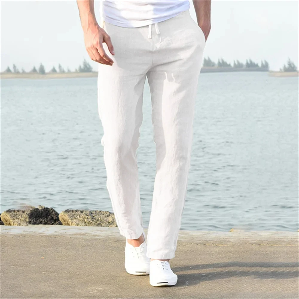 Men's Cotton Linen Pants Male Autumn New Breathable Solid Color Linen Trousers F