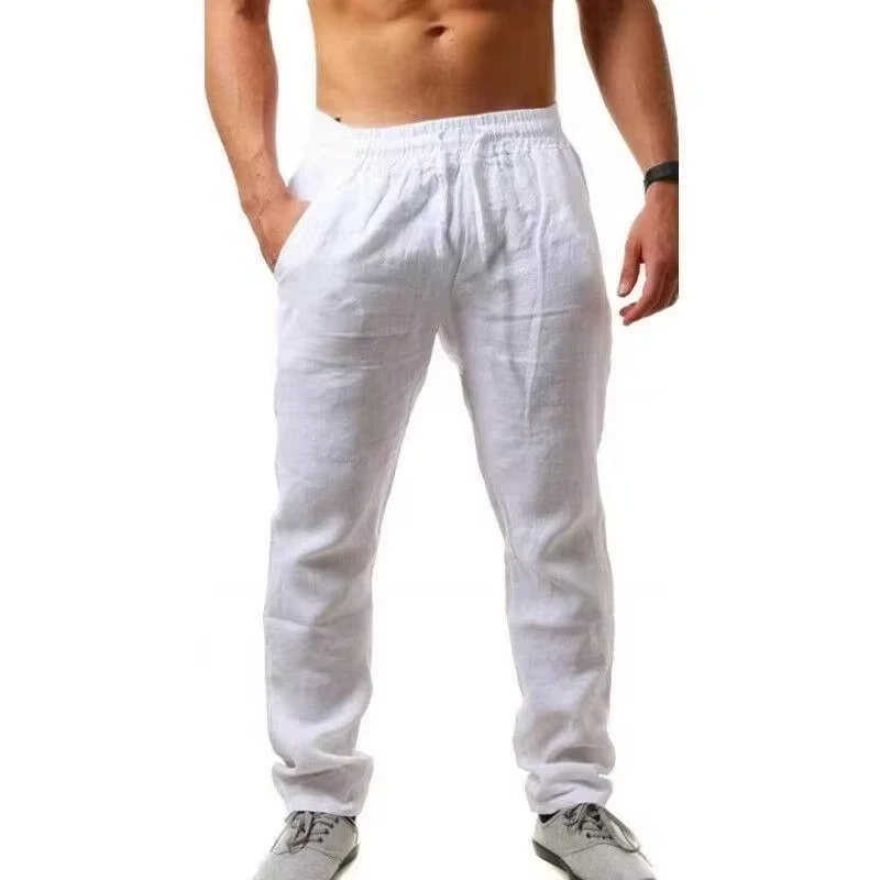 Men's Cotton Linen Pants Male Autumn New Breathable Solid Color Linen Trousers F