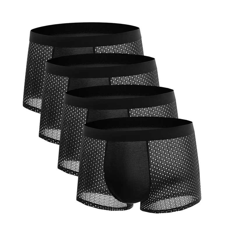 4pcs Men's Underwear Ice Silk Mesh Men Boxer Shorts Plus Size Panties Solid Sexy