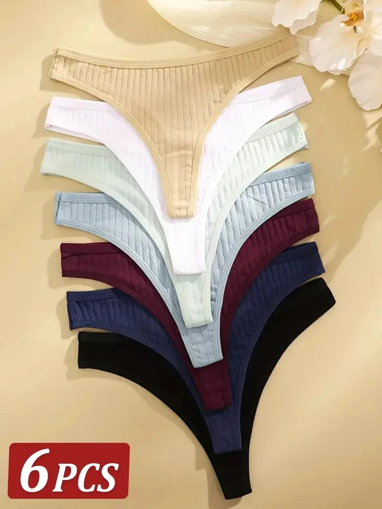 6Pcs/Set Women Cotton Thongs Panties Female Ribbed Low Rise G-String Ladies Sexy