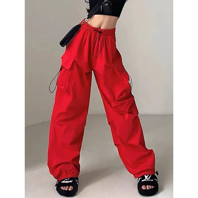 Vintage Street Hip Hop Red Cargo Pants Women's Loose Fit High Street Design Sens