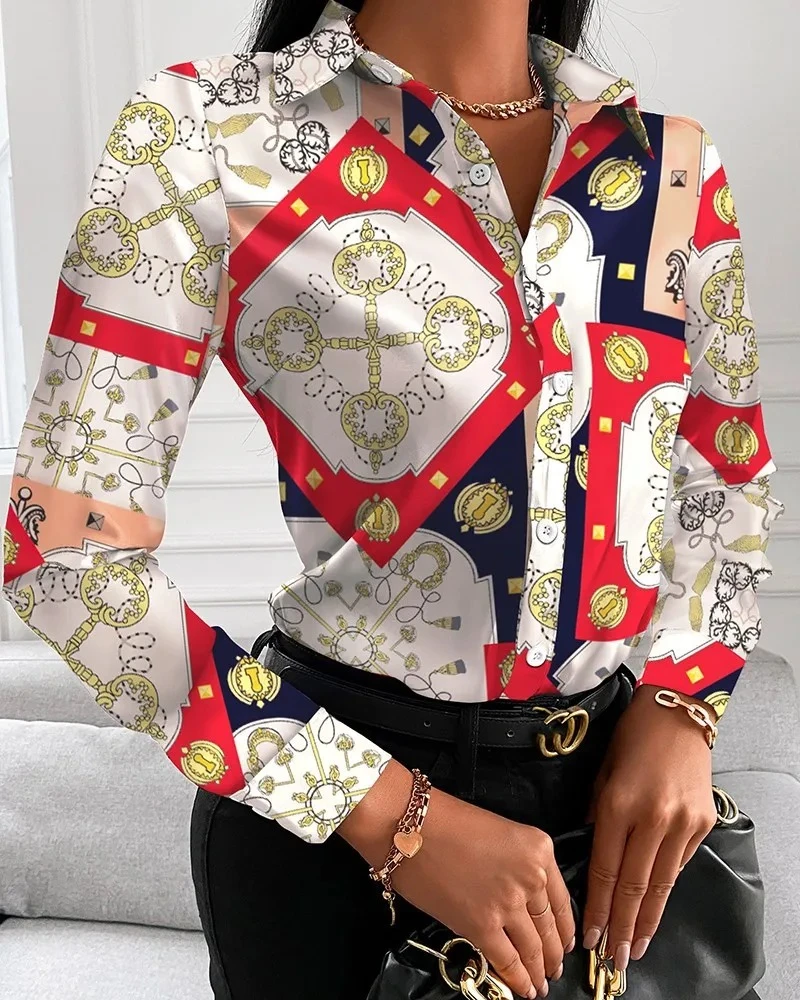 Women Fashion Wild Shirts Chain/Floral/Letter/Geometric Square Print Turn-Down C