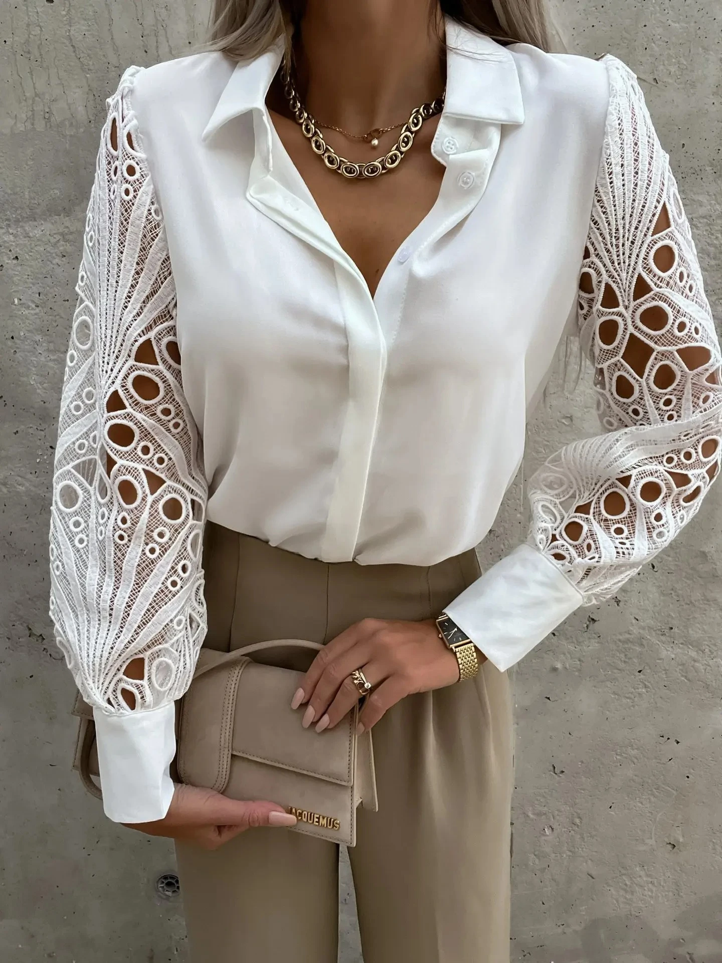 Women Elegant Solid Chiffon Blouse Spring Summer Casual Long Sleeve V Neck Loose