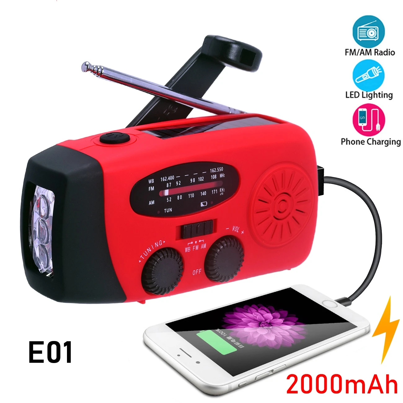 Emergency Radio Hand Crank Solar USB FM/ AM/ NOAA WB Weather Radios LED Flashlig