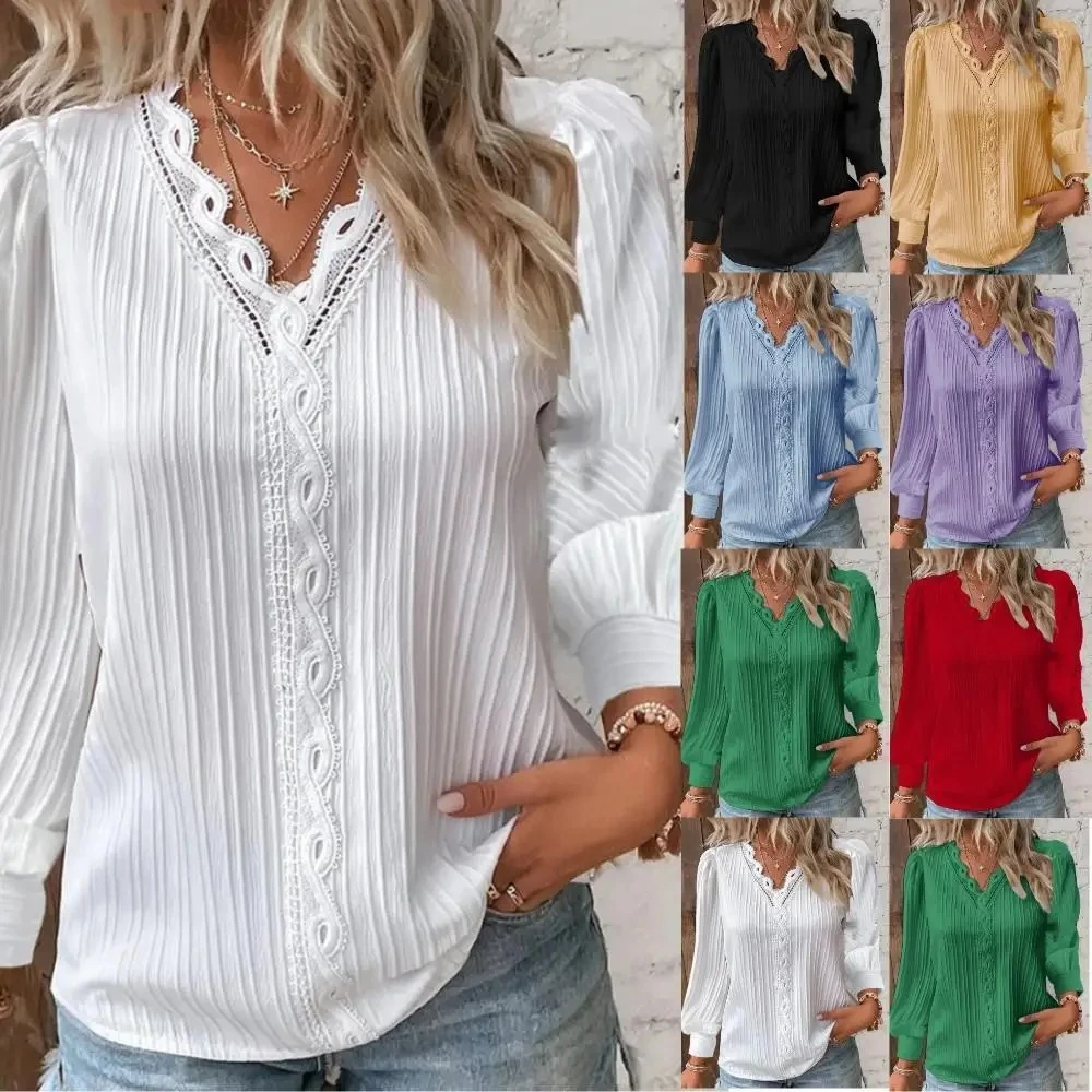 Women's Lace Stitching Shirt Loose Stitching V-neck Long Sleeve Pullover Chiffon