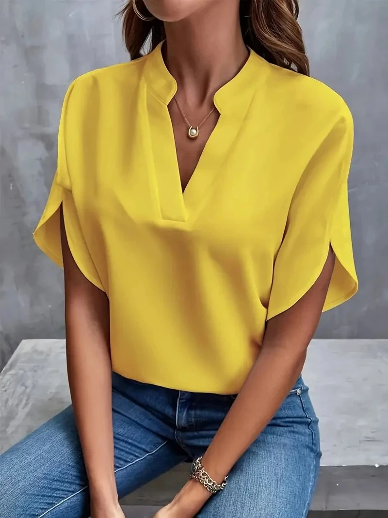 Women Elegant Solid Chiffon Blouse Spring Summer Casual Short Sleeve V Neck Loos