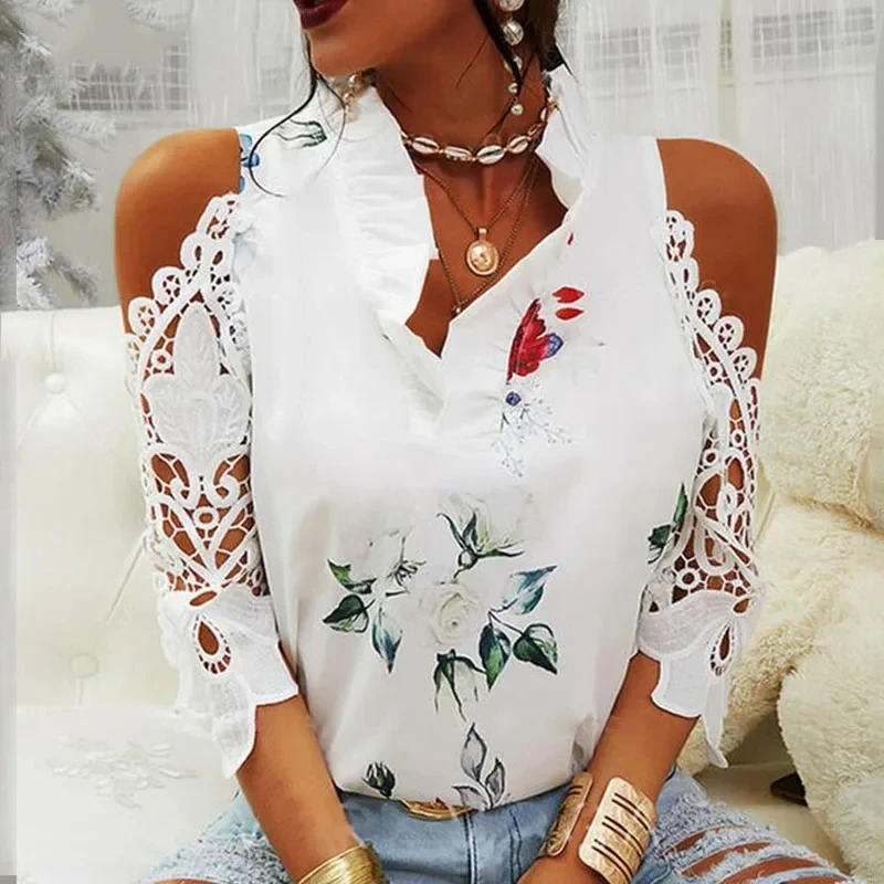Summer Female Strapless Tops Casual Sexy Hollow Flower Printed Women Blouse Eleg