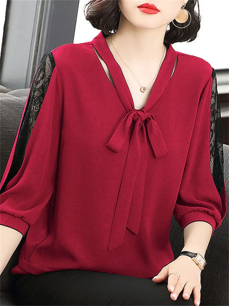 Women Spring Summer Style Blouses Tops Lady Casual Bow Tie Colloar Half Lace Sle