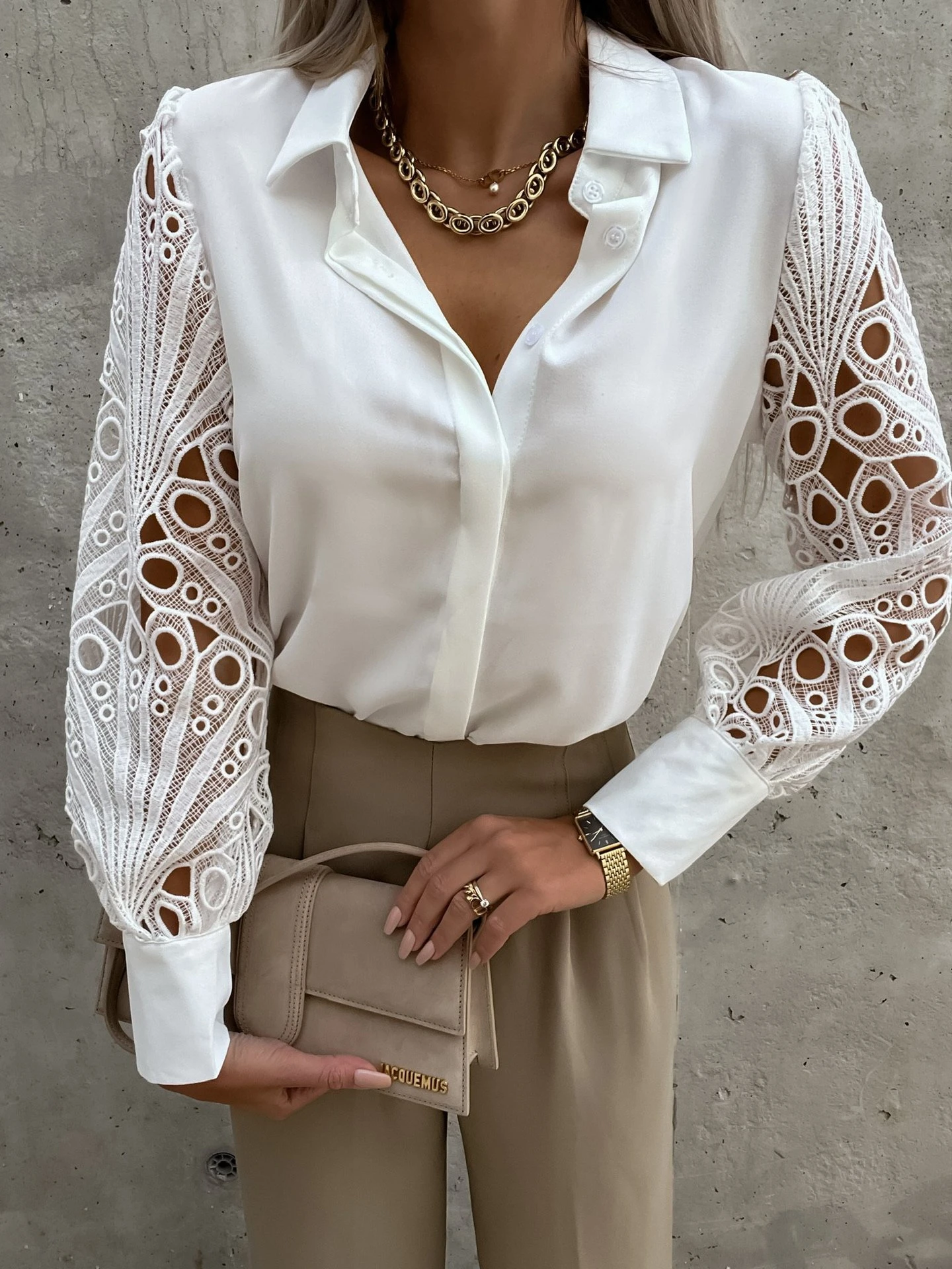 Women's Elegant Solid Chiffon Blouse Spring Summer Casual Long Sleeve V Neck Loo