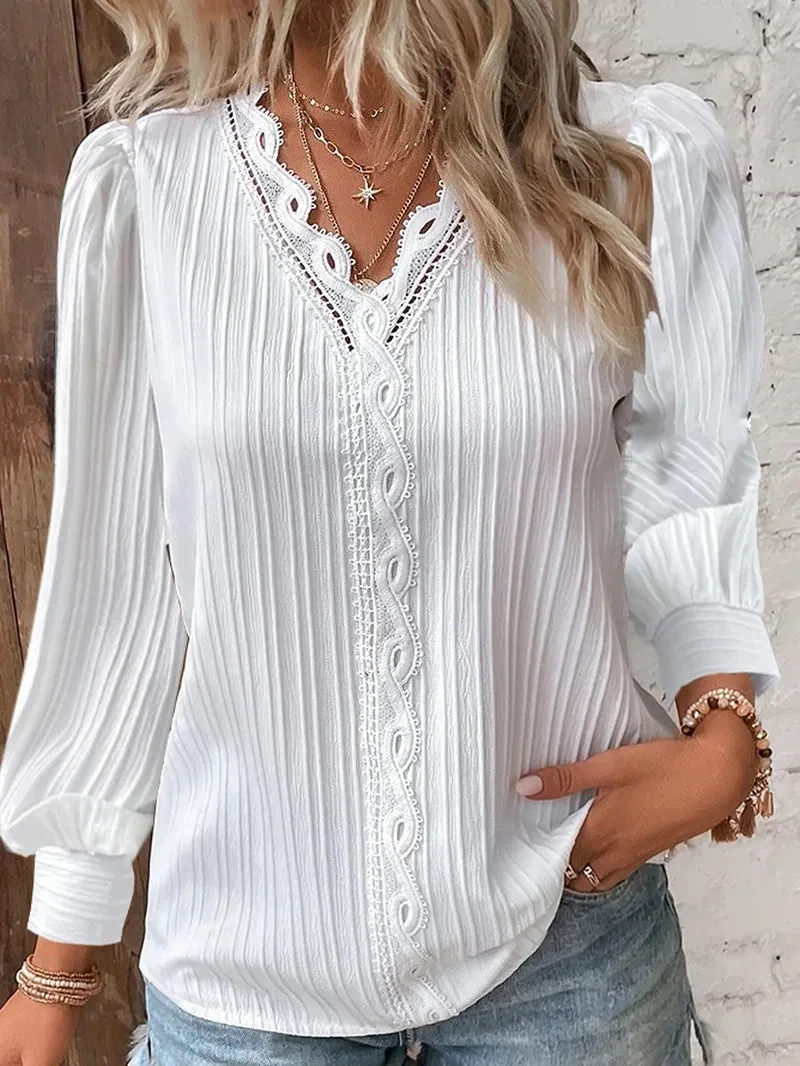 Elegant Summer Hollow Lace Patchwork Women Shirt Chic Blouse V Neck Long Sleeve