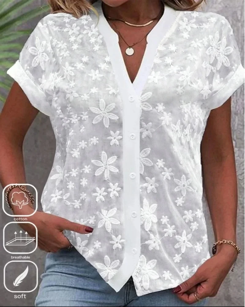 Cropped Shirt White Lace Blouse Eyelet Cut Embroidery Top Wear Hollow Out Women'