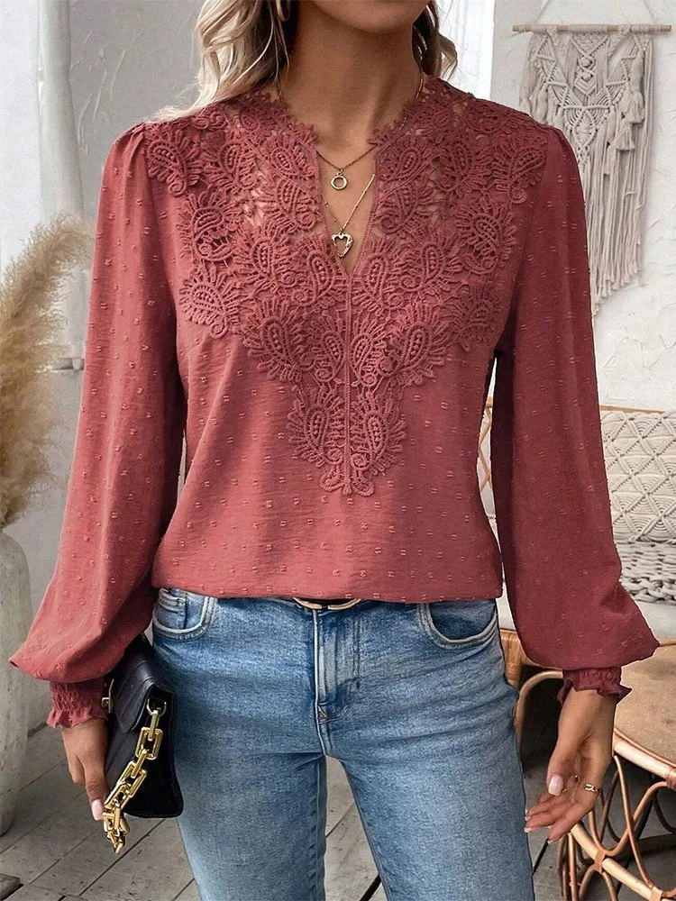 Luxury Lace Hollowed V-Neck Shirt Women Solid Color Long Sleeve Top Office Lady 
