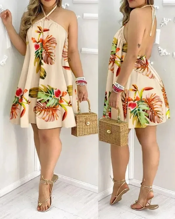 Tropical Print Halter Neck Dress, Vacation Style Backless Dress For Spring & Sum