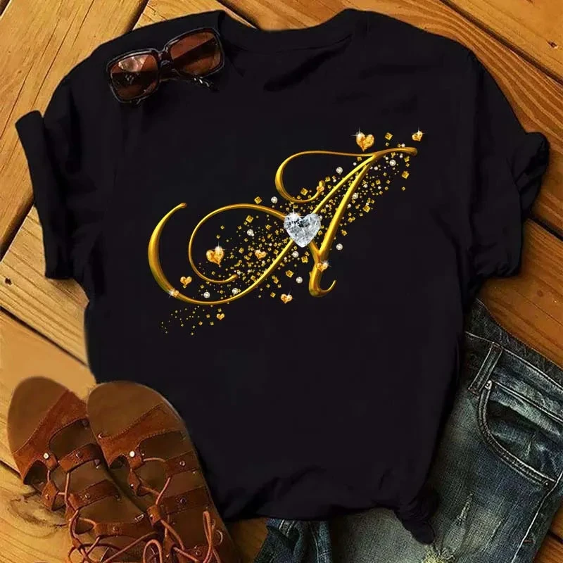 Custom Name Letter Combination Fashion Women T-shirt Diamond Gold Letter Font A 