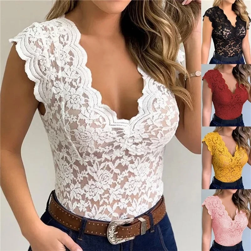Lace Blouses Shirts Sexy Club Female Acrylic Shirts Deep V Summer Fashon Tops La