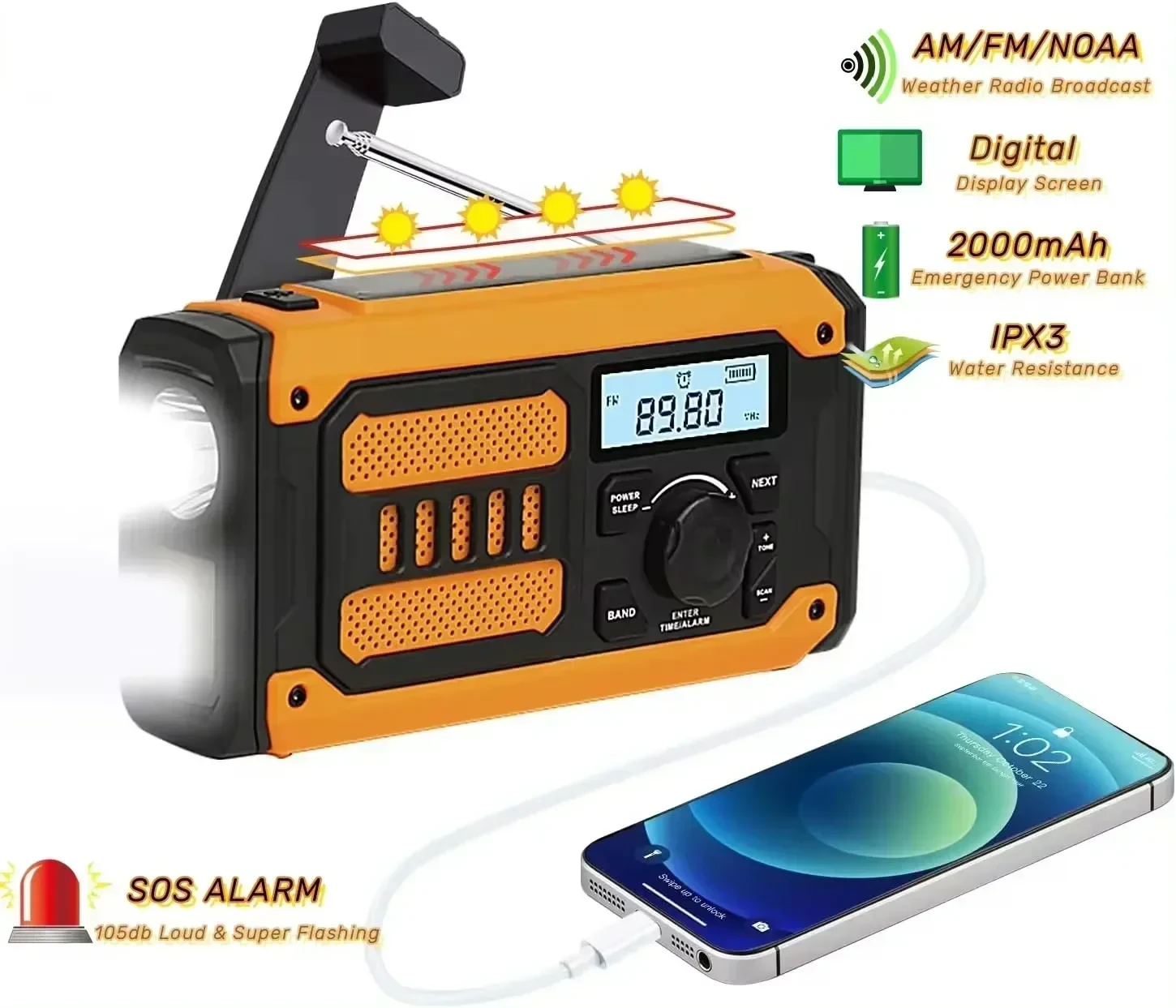 Solar Emergency Radio Portable AM FM NOAA Weather Radio Hand Crank SOS Outside R