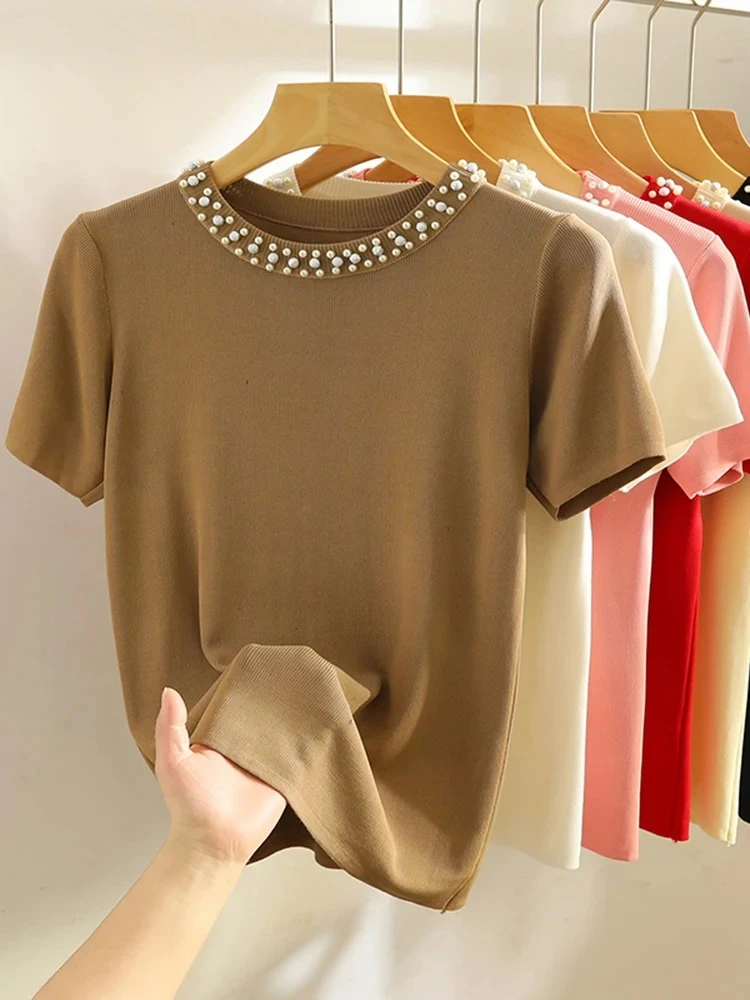 Knitted T-shirt Women Top Solid Tank Y2K Summer New Fashion Female Sleeveless Be