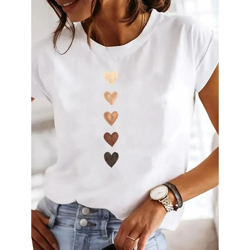 Love Heart Print Women Summer T Shirt Girl O Neck Funny Y2K Tops Tee Female 90s 