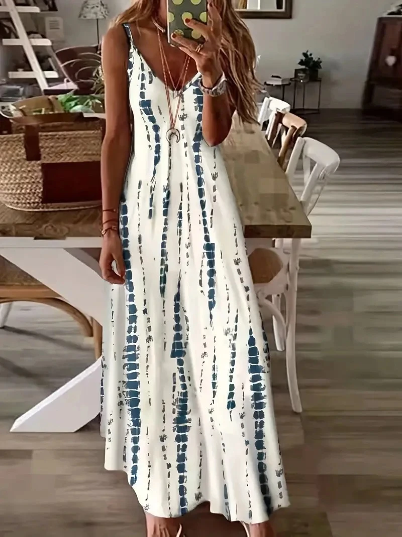 Women's Casual Loose V-Neck Tie Dye Printed Spaghetti Maxi Dress Summer Beach Ho