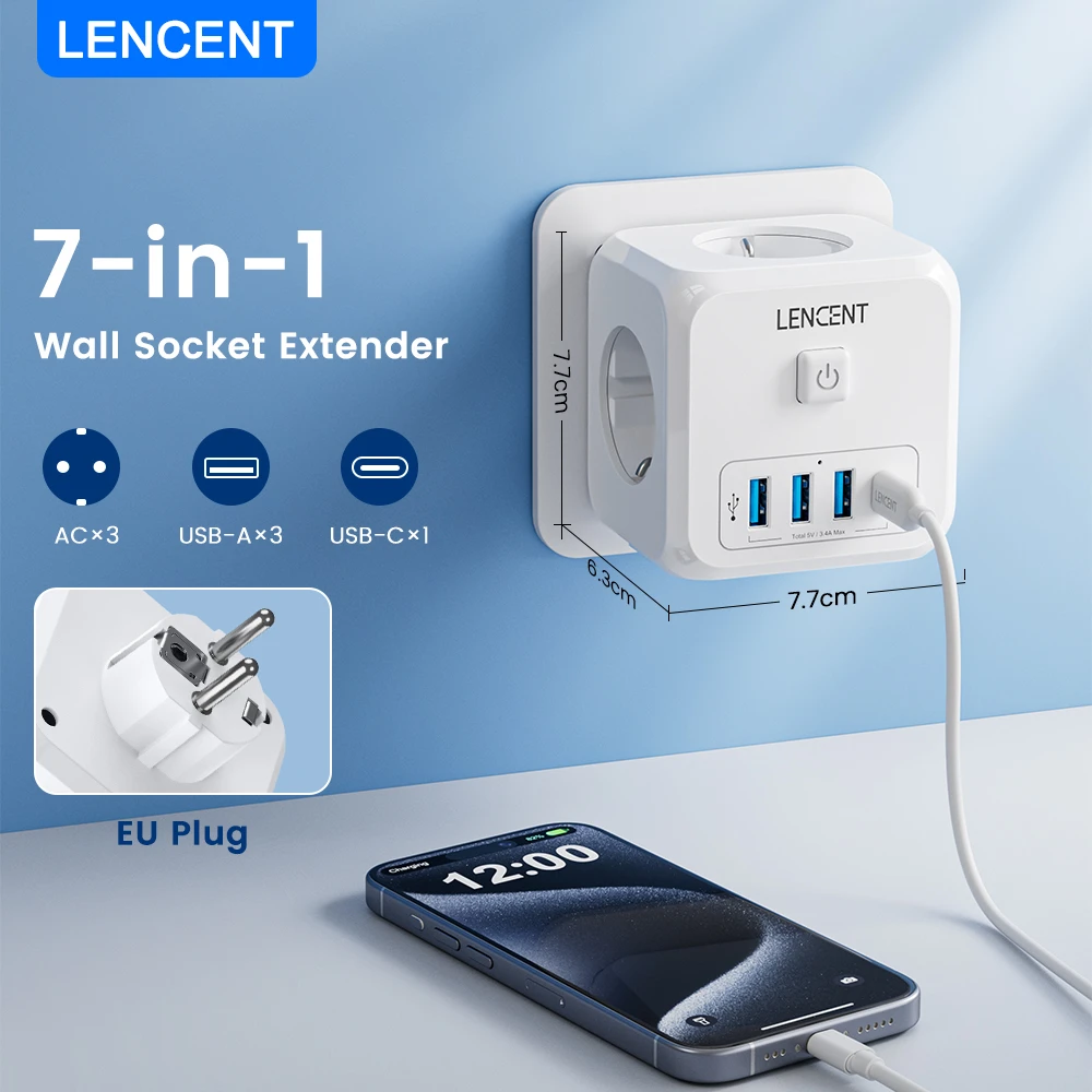 Wall Socket Extender with 3 AC Outlets 3 USB Ports And1 Type C 7-in-1 EU Plug Ch