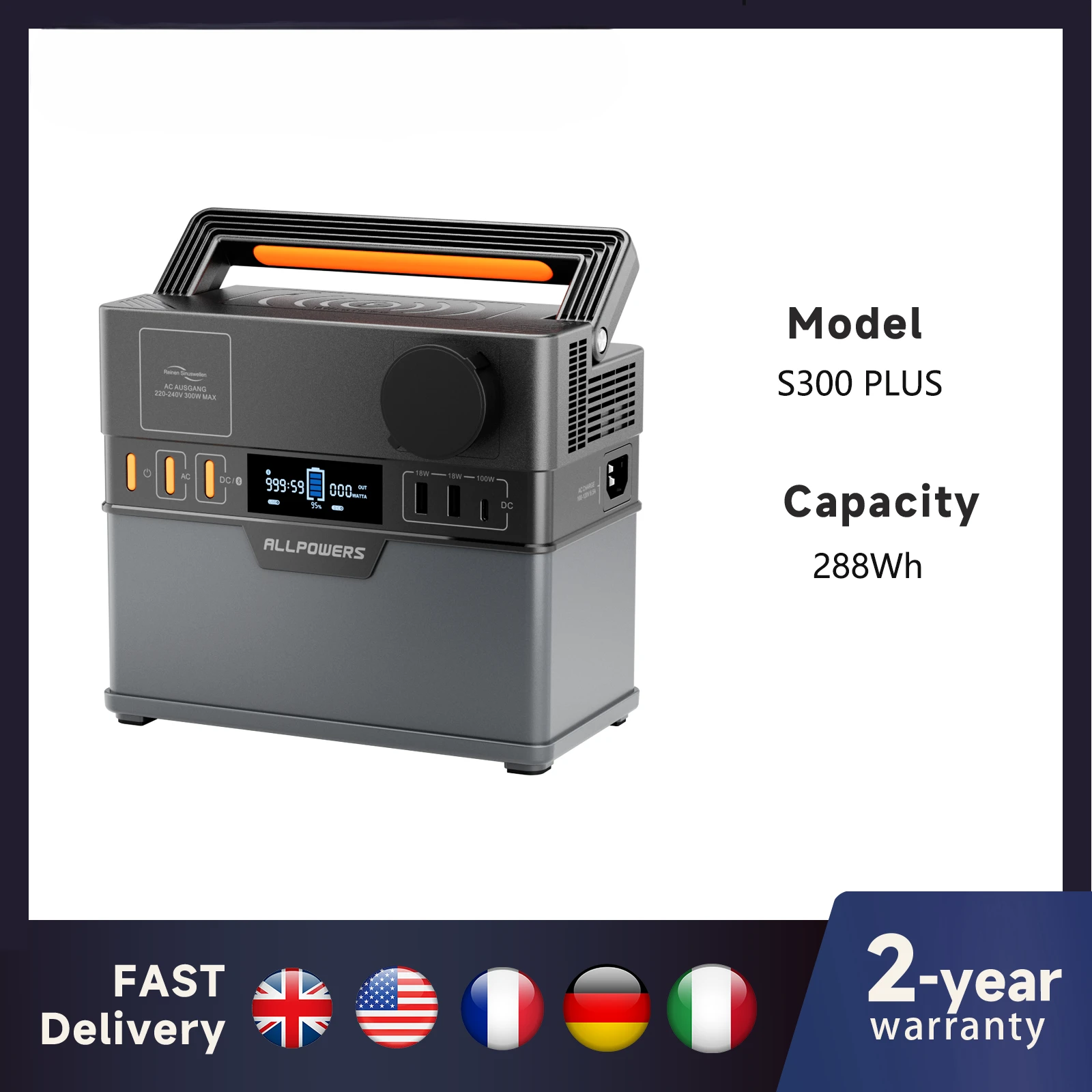 Portable Power Station 300W (Peak 500W), 288Wh Backup Battery Power Supply with 