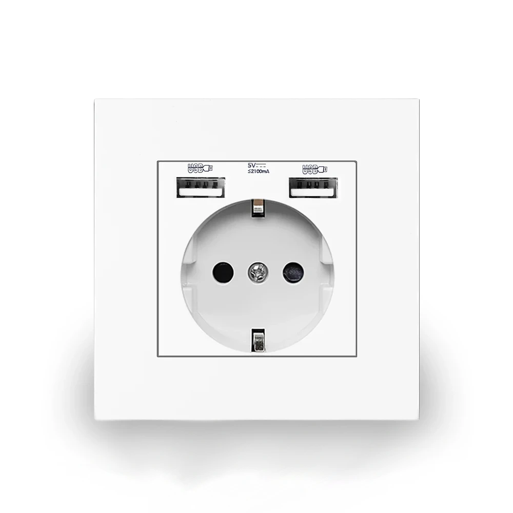 EU Wall USB Power Socket,5V 2.1A Electrical Outlet,86mm*86mm 16A Dual USB Port I