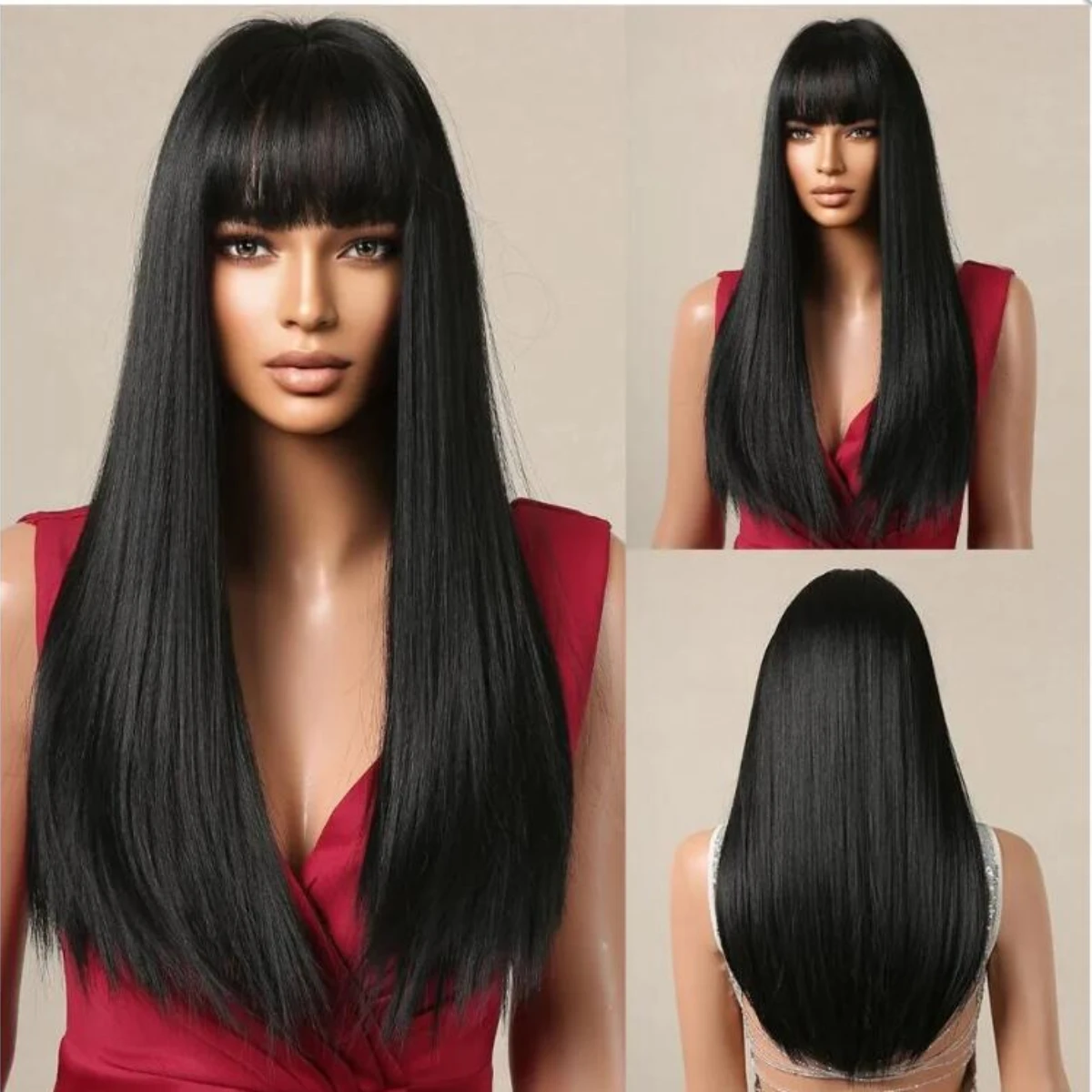 Black Long Layered Wig with Bangs Straight Hair Wigs for Women Heat Resistant Sy