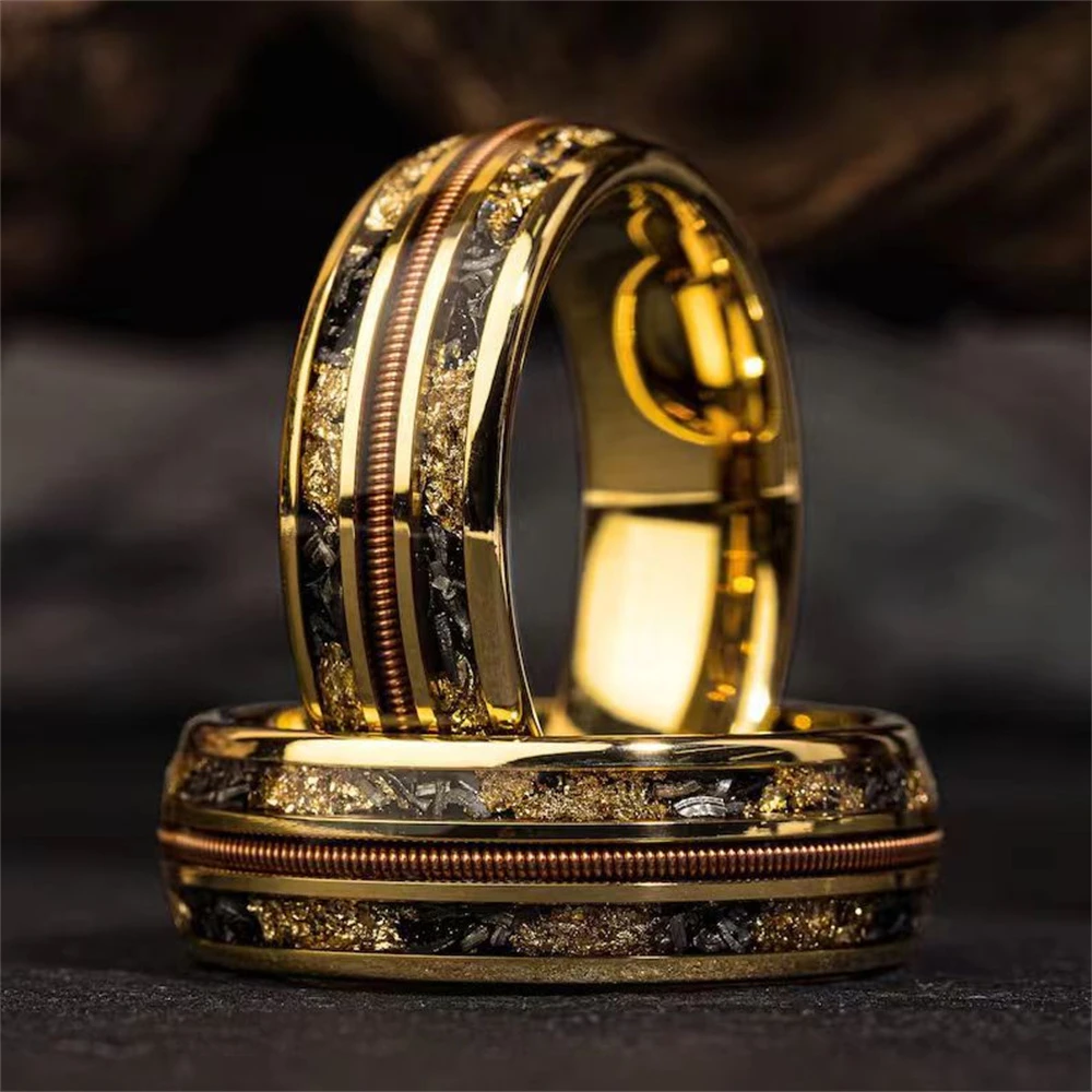 Fashion 8mm Gold Color Stainless Steel Guitar string Rings for Men Inlay Simulat