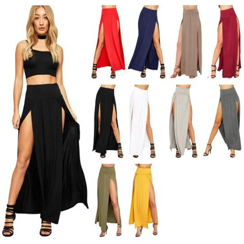 High Waisted Sexy Womens Double Slits Summer Solid Long Maxi Skirt