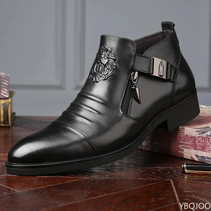Winter Men's Elegant Boots Ankle non slip Leather Shoes British Zip Black Knight